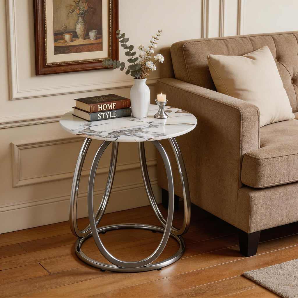 O&K FURNITURE Silver Side Table Living Room, Round End Table with Metal Frame, Modern Nightstand for Small Spaces, Bedroom, Home Office, 1PC