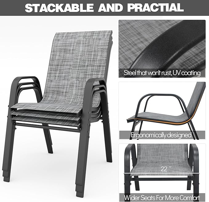 Patio Chairs Set of 8, Stackable Outdoor Dining Chairs for All Weather Textilene Fabric & Metal Frame, Outdoor Chairs Set for Backyard Deck Garden