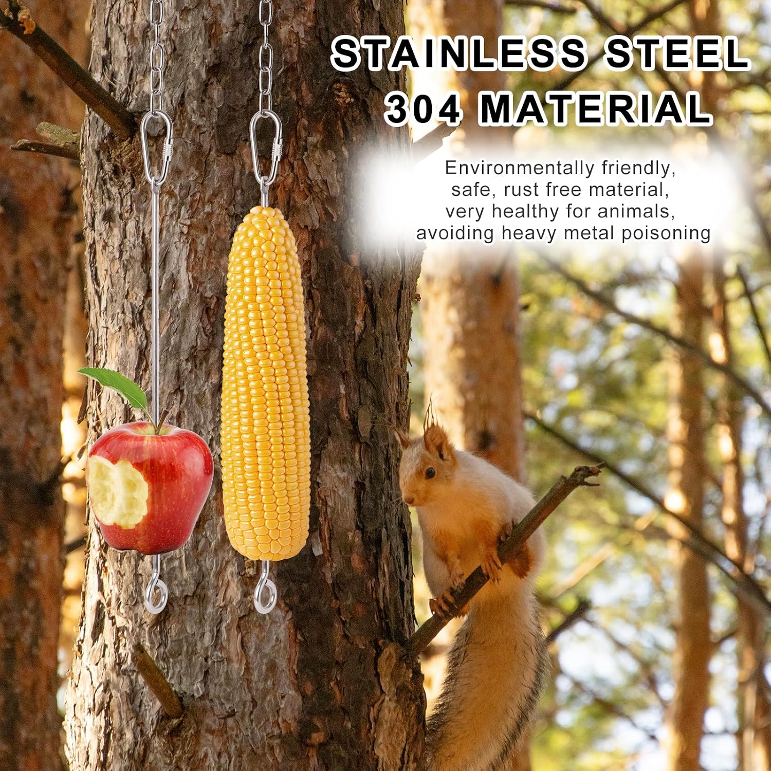 Upgraded 304 Stainless Steel Hanging Squirrel Feeder Outside, Durable Squirrel Feeders for Outdoors, Chipmunk Feeder, Squirrel Food for Backyard Squirrels Hold Corn, Corn Cob(32Inch-1Rod)