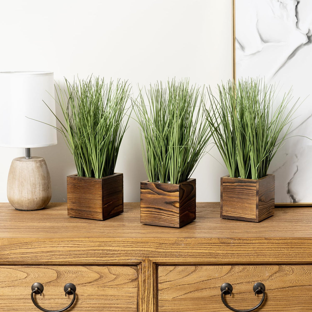 mygift artificial green grass plants trio in rustic, side view
