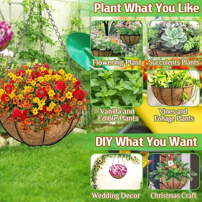 ZeeDix 3 Pack 10 Inch Metal Round Hanging Planter Basket with Coconut Liners Replacement, Hanging planters Baskets with Natural Coco Liner for Outdoor Indoor Planters Flowers Vegetables
