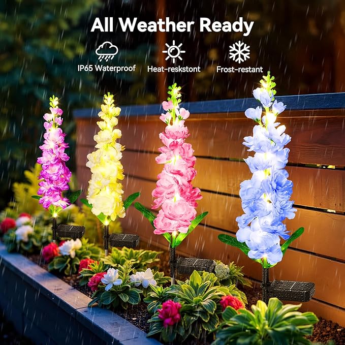 KOOPER Solar Lights Outdoor Garden Decor, 4 Pack Upgraded Delphinium Solar Garden Lights with 36 LEDs, Vivid Flowers Outdoor Waterproof for Landscape Patio Yard Decor