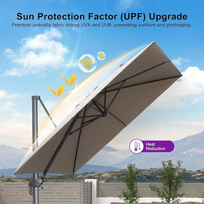 PURPLE LEAF Patio Umbrella 9' X 9' Rectangle Cantilever Umbrella Large Aluminum Outdoor Umbrellas with 360-degree Rotation & UPF40+ Premium Fabric for Deck Pool Garden Yard, Ash Mocha