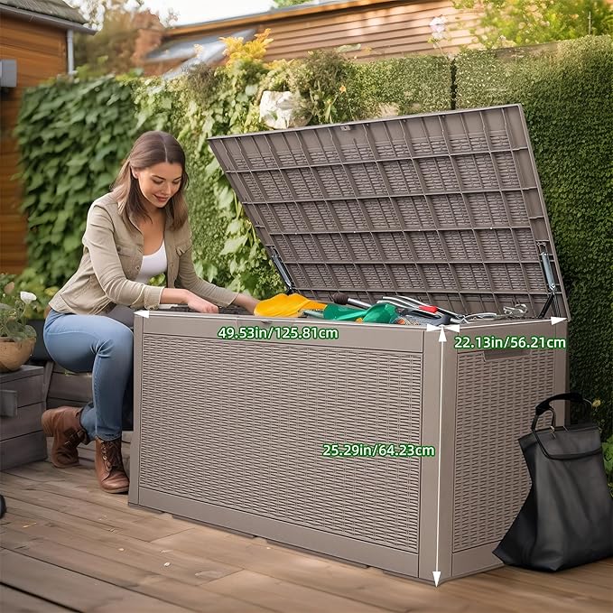 120 Gallon Waterproof Outdoor Storage Box,Resin Deck Box,Lockable Outside Storage Box Container for Patio Furniure,Garden,Pool Tools (120 Gallon,Grey)
