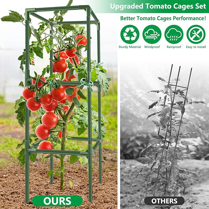 3 Pack Square Tomato Cages, 49'' Tall Heavy Duty Steel Tomato Trellis Kit for Garden, Plant Support Tower Stakes Cucumber Pepper Trellis for Climbing Vegetable Flowers