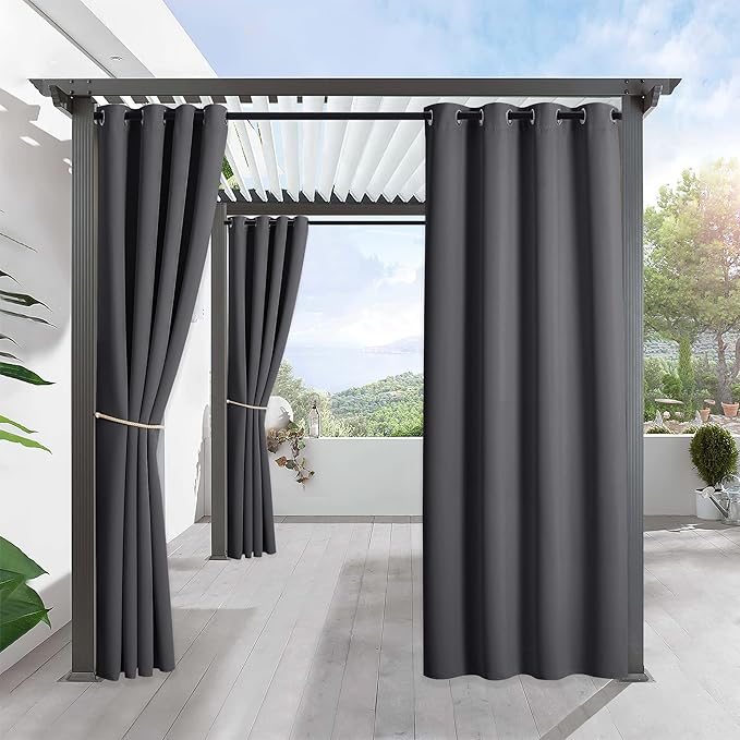 RYB HOME Outdoor Curtains for Patio Waterproof Block Sunlight Thermal Insulated Privacy Assured Thick Outside Curtains for Pergola, Deck, Gazebo, W52" x L90", Grey, 1 Panel