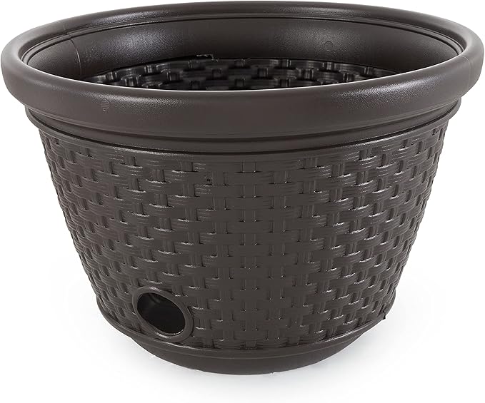 Suncast 6 Pack Decorative Wicker Garden Hose Holder Pot with 4 Drain Holes for 100 Foot Hoses, Java