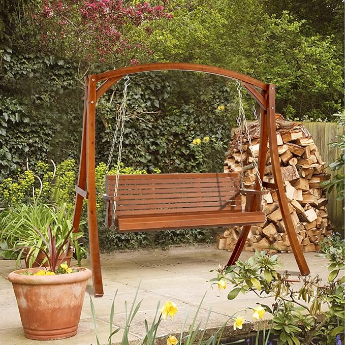 VINGLI Upgraded Patio Wooden Porch Swing for Courtyard & Garden, Heavy Duty 880 LBS Swing Chair Bench with Hanging Chains for Outdoors (Brown, 5 FT)