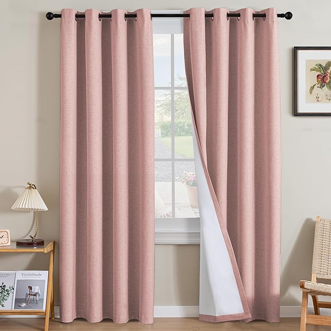 H.VERSAILTEX Linen Curtains 100% Blackout Curtains for Bedroom 102 inch Long Full Light Blocking Nature Linen Blended Window Curtains for Living Room Nickel Grommet (2 Panels, Heathered Baby Pink)