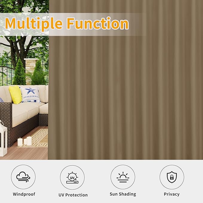 Easy-Going Outdoor Patio Curtains Detachable Tab Top Windproof Weatherproof Curtain for Cabana, Porch, Pergola and Gazebo, Tab Bottom Drape, 2 Panels, 110W x 96L inch, Khaki