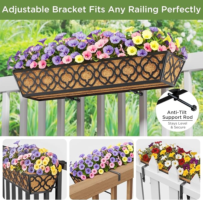 Y&M 4pcs 30" Horse Trough Window Boxes with Coconut Coir Liner, Black Metal Hanging Flower Planter Deck Railing Planter Boxes for Outdoor Indoor
