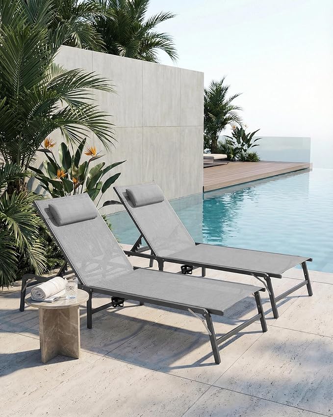 Foldable Chaise Lounge Chair with Cup Holder, Assemble-Free Outdoor Lounge Chair with Detachable Pillow and 6 Adjustable Backrest, Patio Lounge Chair for Outside Poolside Beach Pool, Grey