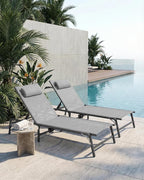 Foldable Chaise Lounge Chair with Cup Holder, Assemble-Free Outdoor Lounge Chair with Detachable Pillow and 6 Adjustable Backrest, Patio Lounge Chair for Outside Poolside Beach Pool, Grey