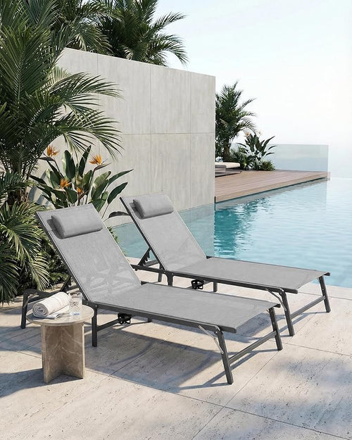 4 Pack Foldable Chaise Lounge Chair with Cup Holder, Assemble-Free Outdoor Lounge Chair with Detachable Pillow and 6 Adjustable Backrest, Patio Lounge Chair for Outside Poolside Beach Pool, Grey
