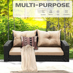 DWVO Wicker Hanging Porch Swing Chair Outdoor Brown Rattan Patio Swing Lounge w/ 2 Back Cushions Capacity 530lbs for Garden, Balcony, Living Room, Beige