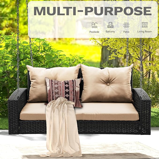 DWVO Wicker Hanging Porch Swing Chair Outdoor Brown Rattan Patio Swing Lounge w/ 2 Back Cushions Capacity 530lbs for Garden, Balcony, Living Room, Beige