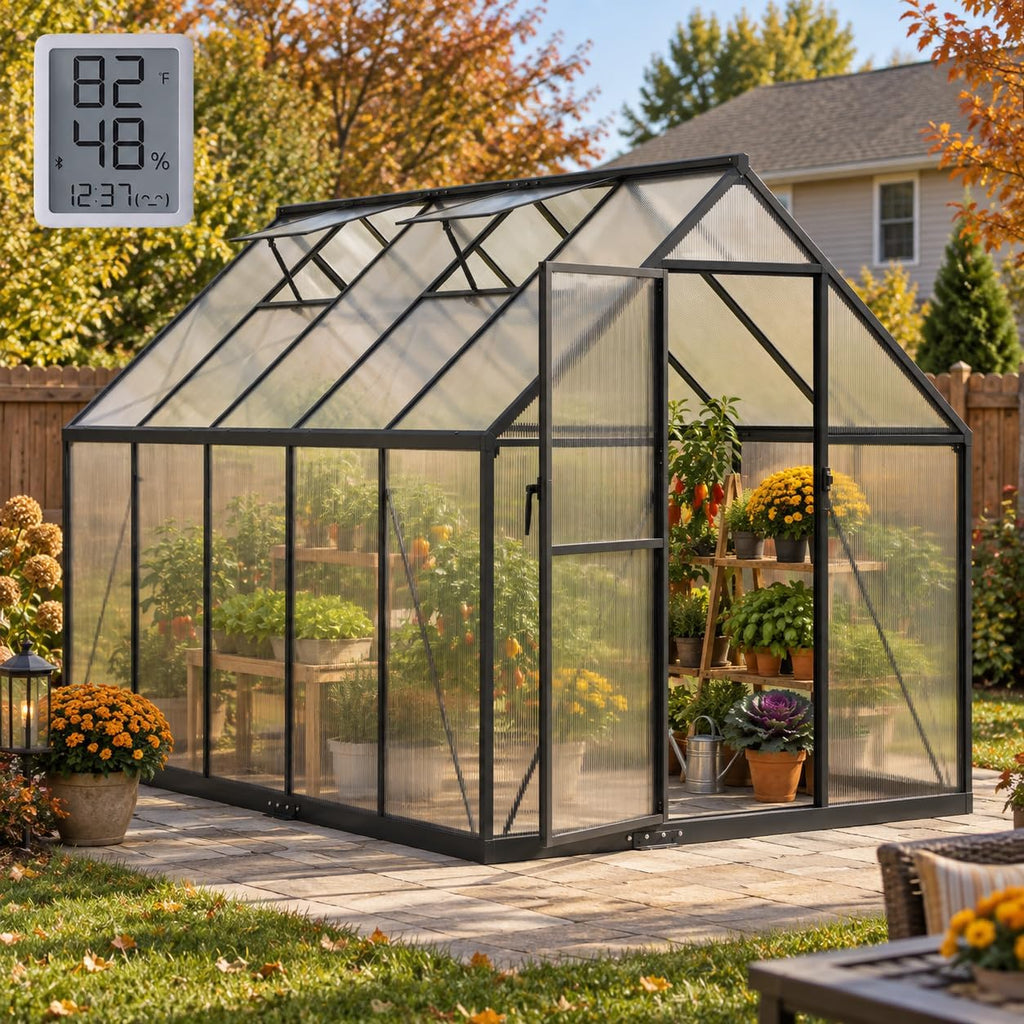 6x10ft greenhouse with thermometers, aluminum greenhouse for outdoors, main product view
