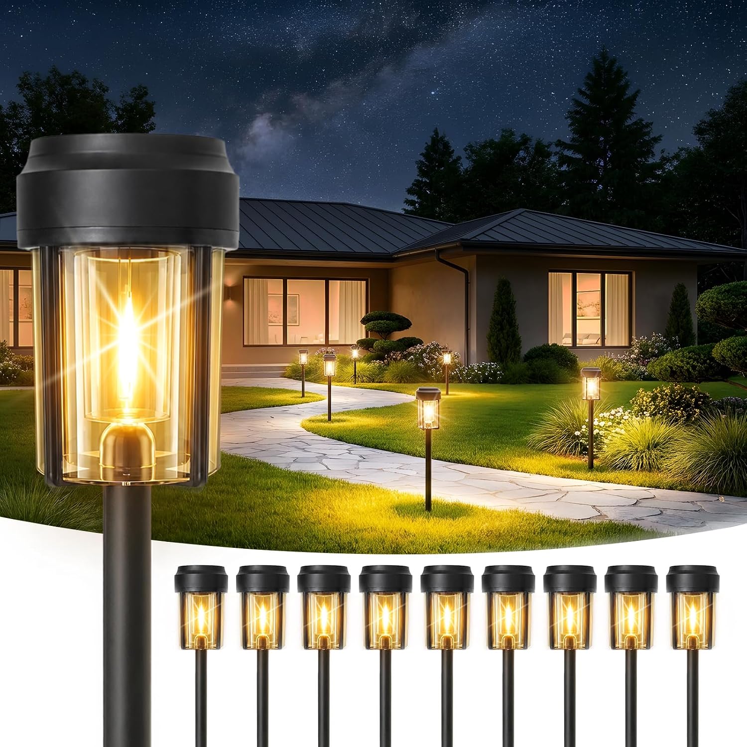 Solar Pathway Lights Outdoor, IP65 Waterproof Solar Powered Garden Lights, Auto On/Off Outdoor Light for Yard Lawn Garden Patio Walkway Driveway Landscape Lighting (10 Pack)