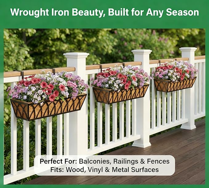 Y&M 30 Inch Window Deck with Coco Liner, Fence Metal Hanging Flower Planter Basket Deck Railing Planter Boxes for Outdoor Garden Lawn, 24" Window Boxes Horse Trough with Coconut Coir Liner,2pcs