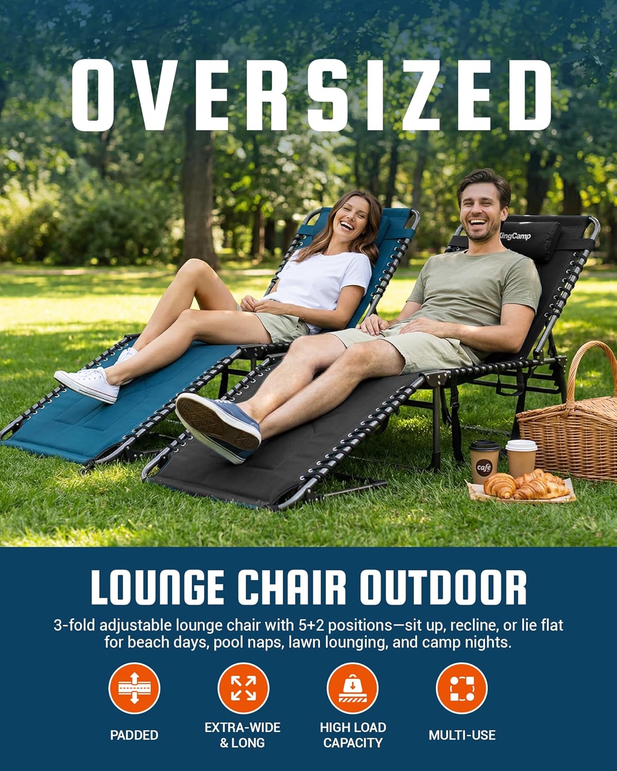KingCamp Oversized Tanning Chair Padded Lounge Chair, Black | Extra-Wide Padded, Folding Chase Lounge, Portable Adjustable 5-Position, 440lbs Heavy Duty