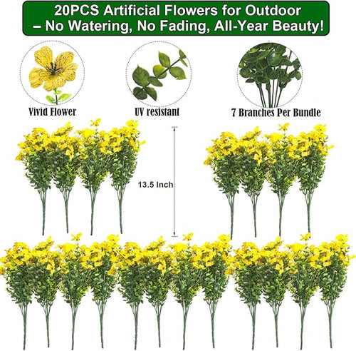 20 Bundles Artificial Flowers for Outdoors, UV Resistant Fake Plants Flowers Greenery Shrubs Plants for Decoration Outside Plants Hanging Planter Home Garden Decor (Yellow)