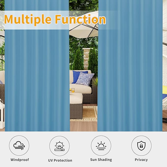 Easy-Going Outdoor Patio Curtains Detachable Tab Top Windproof Weatherproof Curtain for Cabana, Porch, Pergola and Gazebo, Tab Bottom Drape, 2 Panels, 54W x 120L inch, Sky Blue