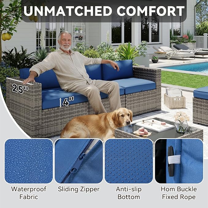 Aoxun Patio Furniture Sets, 14-Piece Outdoor Patio Furniture with 44'' Propane Gas Firepit Table, Wicker Outdoor Conversation Set Sectional Sofa for Backyard, Poolside, Garden