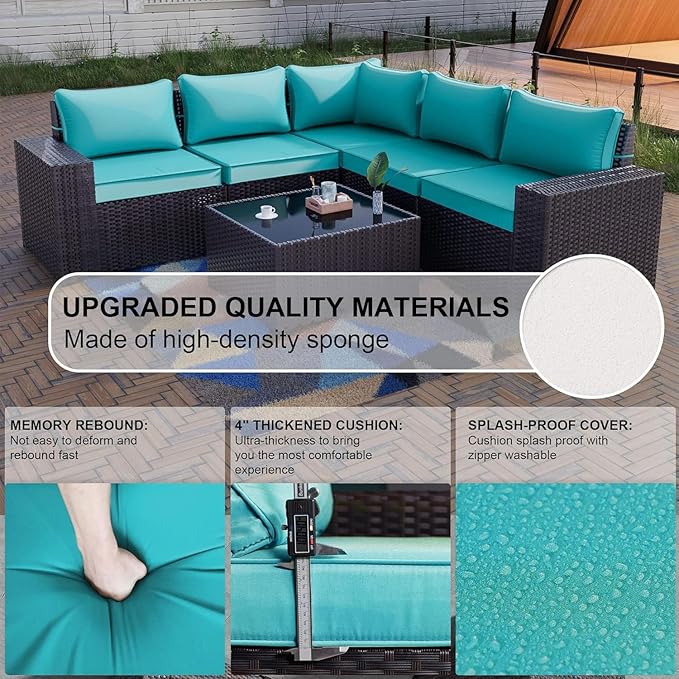 Kullavik 6PCS Outdoor Patio Furniture Set PE Wicker Rattan Sectional Sofa Patio Conversation Sets,Blue