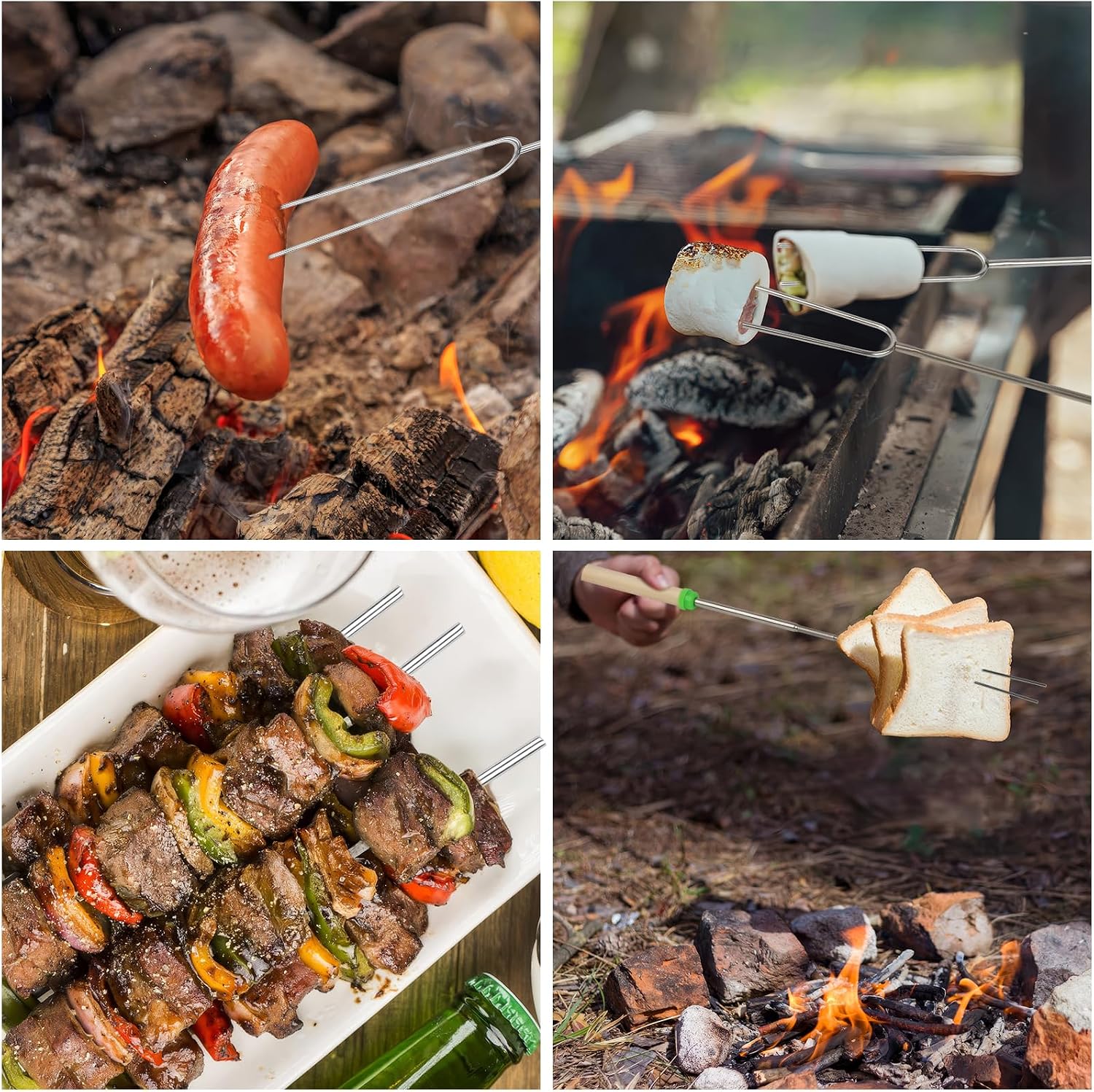 10 Pack Smores Sticks, 32 Inch Marshmallow Roasting Sticks for Fire Pit | Extendable Roasting Skewers with Bag. Hot Dog Fork. Smores Kit for Campfire Camping Essentials. 304 Stainless Steel.