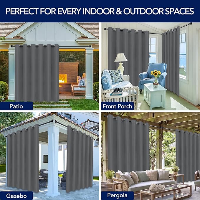 PureFit Outdoor Curtains for Patio Waterproof Weatherproof, UV Resistant Outside Curtains for Gazebo, Front Porch, Pergola, Sun Blocking Privacy Curtain, 100W x 120L inch, 1 Panel, Gray