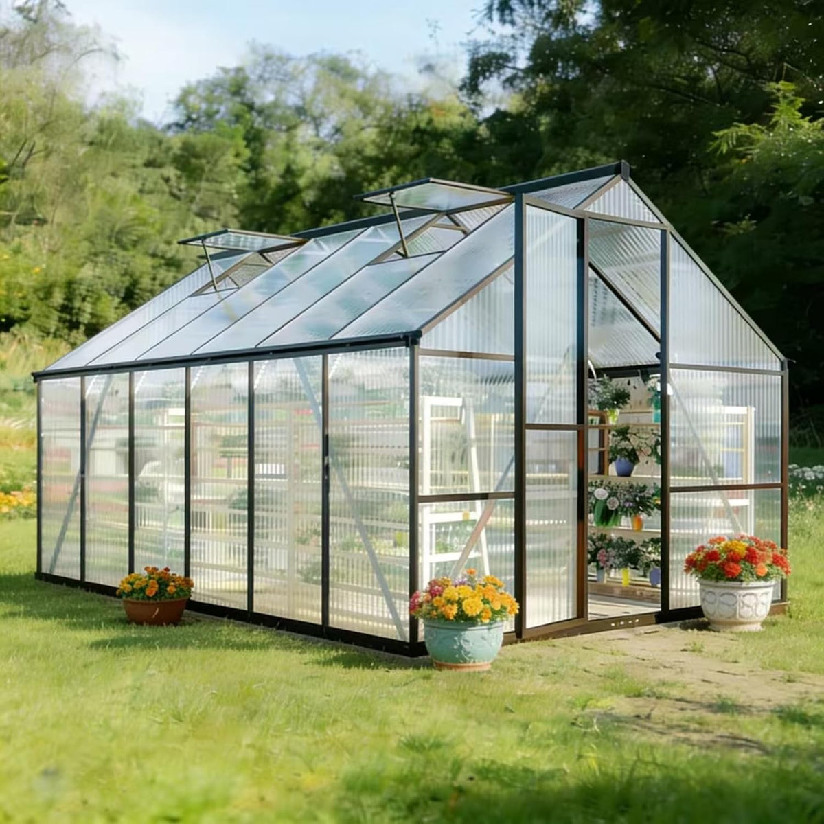 8x12 ft outdoor greenhouse with roof vent, charcoal, main product view