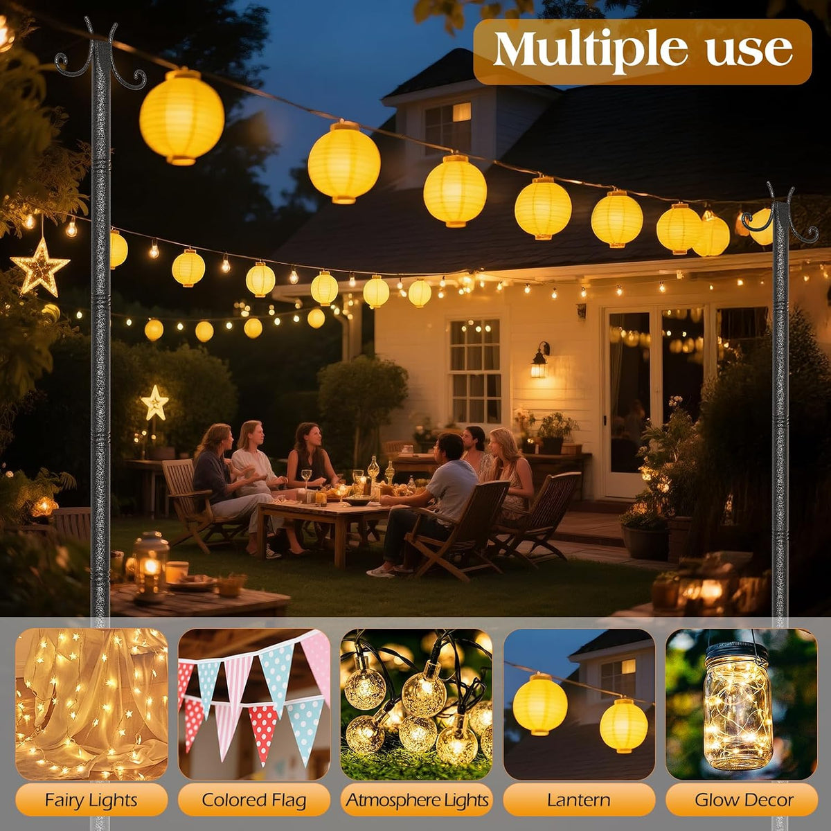 starryever 2 pack outdoor string light poles, 3m/10ft shown in use