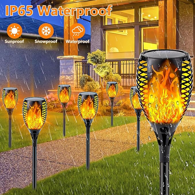 4 Pack Super Larger Size Solar Flame Torch Lights with Flickering Flame, Solar Flame Lights Outdoor Waterproof for Garden Decor, Extra Bright Tiki Torches Solar Lights Outdoor for Pathway Patio Yard