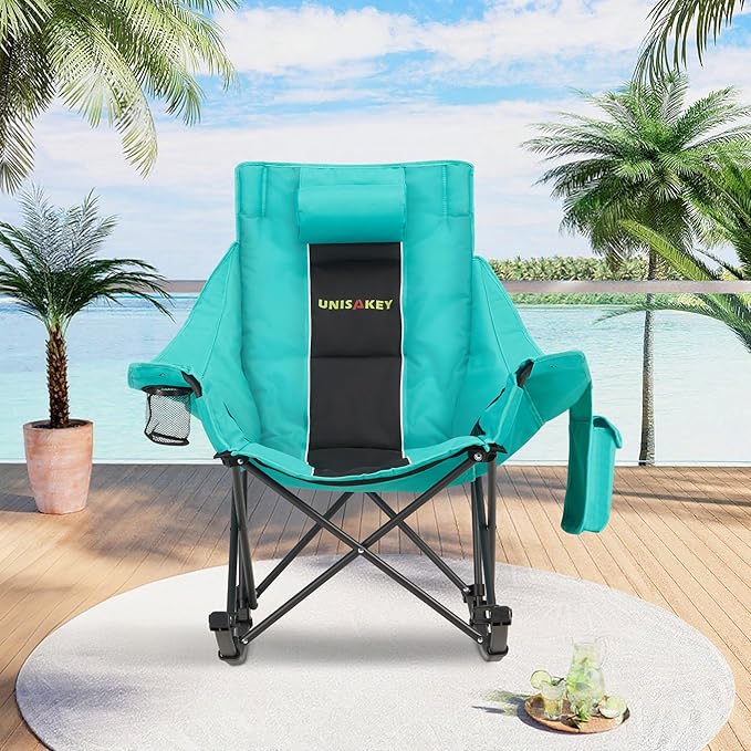 Oversized Rocking Camping Chair with Headrest & Cup Holder - 400lbs Capacity, 600D Oxford Fabric, Easy Fold Portable Outdoor Rocker Chair for Camping, Backyard, Beach, Blackgreen