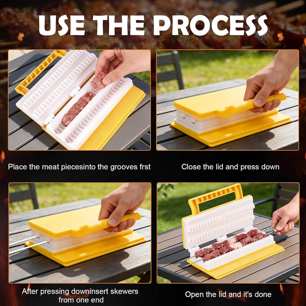 Double-Row Kebab Maker, ABS Meat Skewering Tool, Yellow | Single press double skewers with ergonomic handle for meat, vegetables, shrimp, backyard, balcony, and camping prep