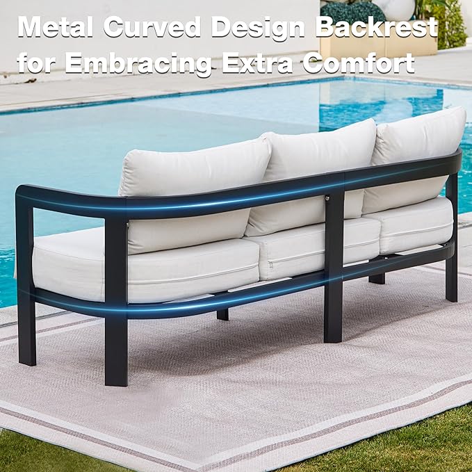 Outdoor Couch Aluminum Patio Furniture, 3-Seat All-Weather Metal Modern Patio Sofa with Washable Thick Cushion for Garden/Backyard/Porch, White