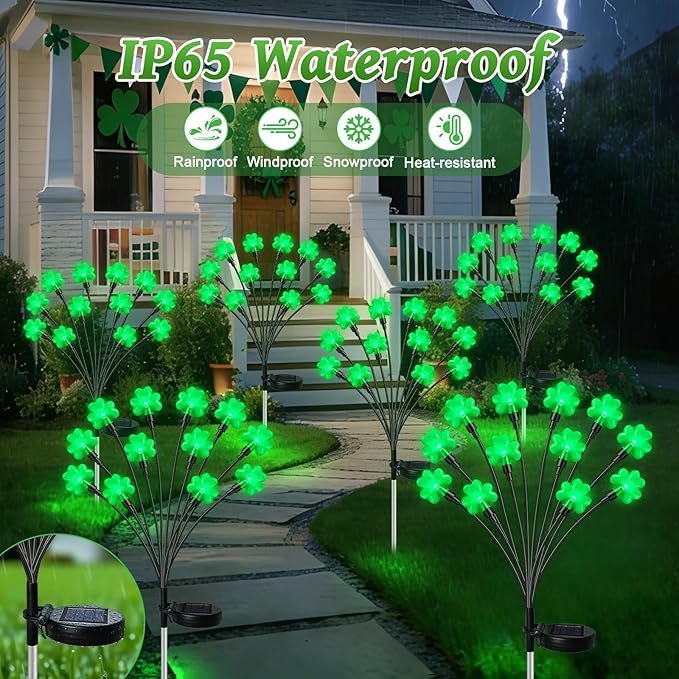 HELESIN St Patricks Day Decorations, 4 Pack St Patricks Day Outdoor Solar Lights with 2 Modes, Waterproof Shamrock Lucky Green Solar Stake Tree Lights for Yard Pathway Lawn Decorations