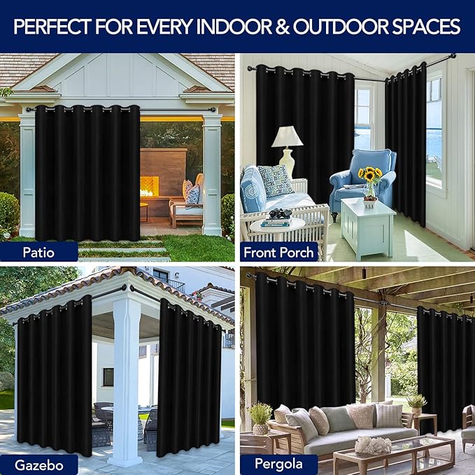 PureFit Outdoor Curtains for Patio Waterproof Weatherproof, UV Resistant Outside Curtains for Gazebo, Front Porch, Pergola, Sun Blocking Privacy Curtain, 100W x 95L inch, 1 Panel, Black