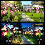 Upgraded Solar Garden Lights, 4 Pack Outdoor Solar Lights, New Round Panel for 40-Hour Runtime, Serve as Outdoor & Indoor Decor, 7-Color Changing Flower Lights, Waterproof for Patio Yard Decoration