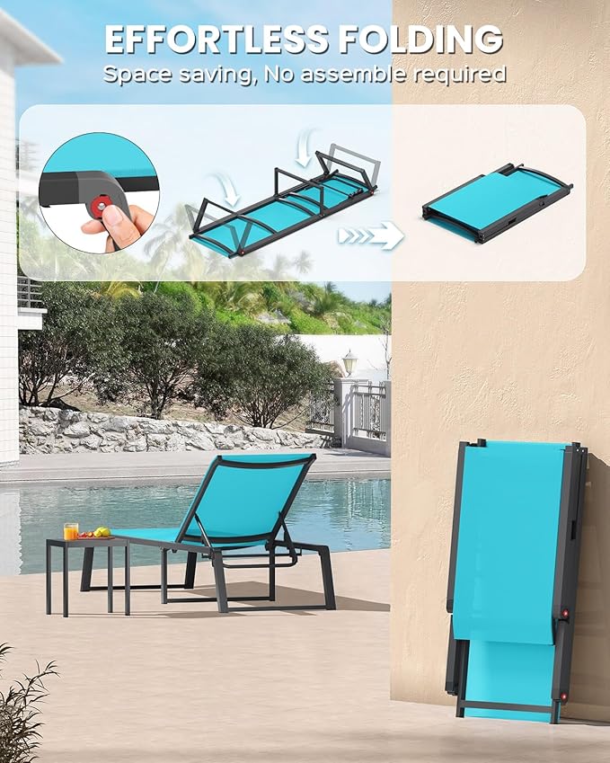 Aluminum Chaise Lounge Chair Outdoor, Foldable & Assembly Free Patio Pool Lounge Chairs 5-Position Recliner for Outside Poolside, Fully Grounded Legs Sun Lounger for Beach, Yard, Lake Blue