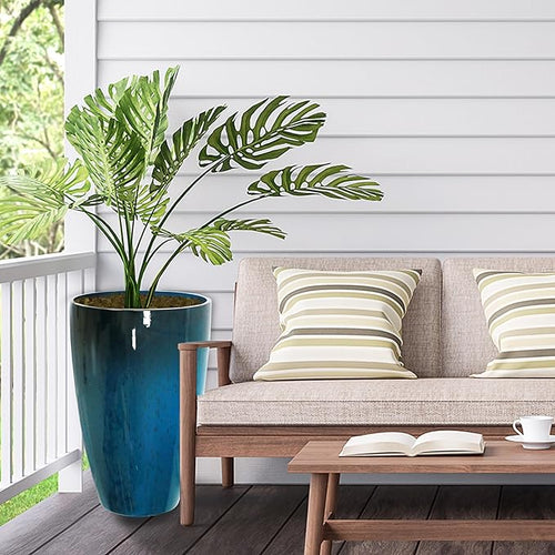 2 Packs 21 inch Tall Planter, Indoor Outdoor Round Planter for Porch, Large Plant Pot with Drainage Hole for Home Garden Front Door, Modern Decorative Pots for Plants (Blue)