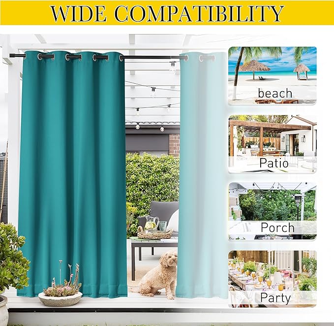 NICETOWN 2 Panels Outdoor Curtains Waterproof Fixed Grommet/Back Tab on Top & Bottom, Thermal Insulated Windproorf Sun Blocking Outdoor Drapes with Rope for Patio/Gazebo, W52 x L84, Peacock Teal