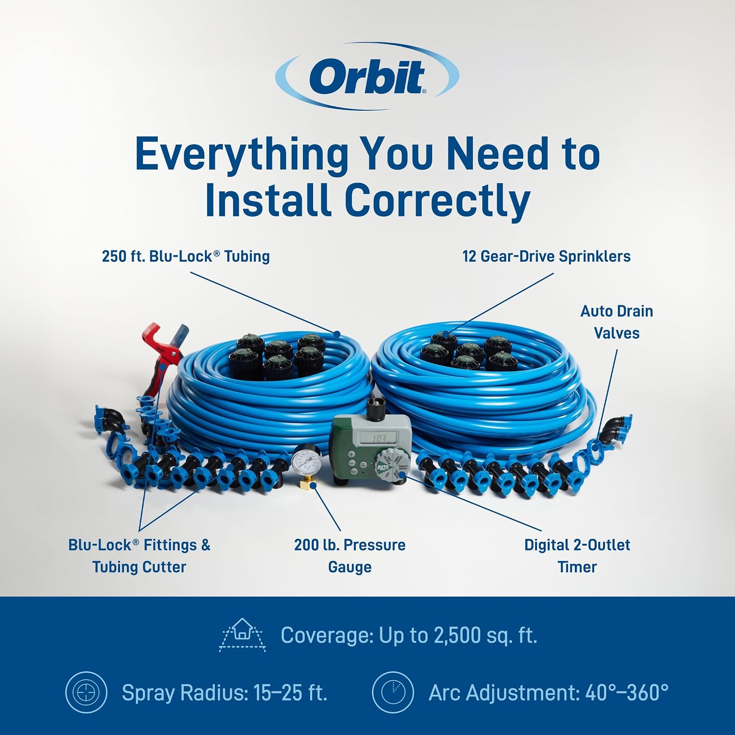 Orbit 2-Zone All-in-One Automatic Watering System - Automatic Sprinkler System for Yard Irrigation Setup - DIY Lawn Kit - Double Outlet Hose Timer - Easy Push-Fit Technology - Large Coverage - 50021