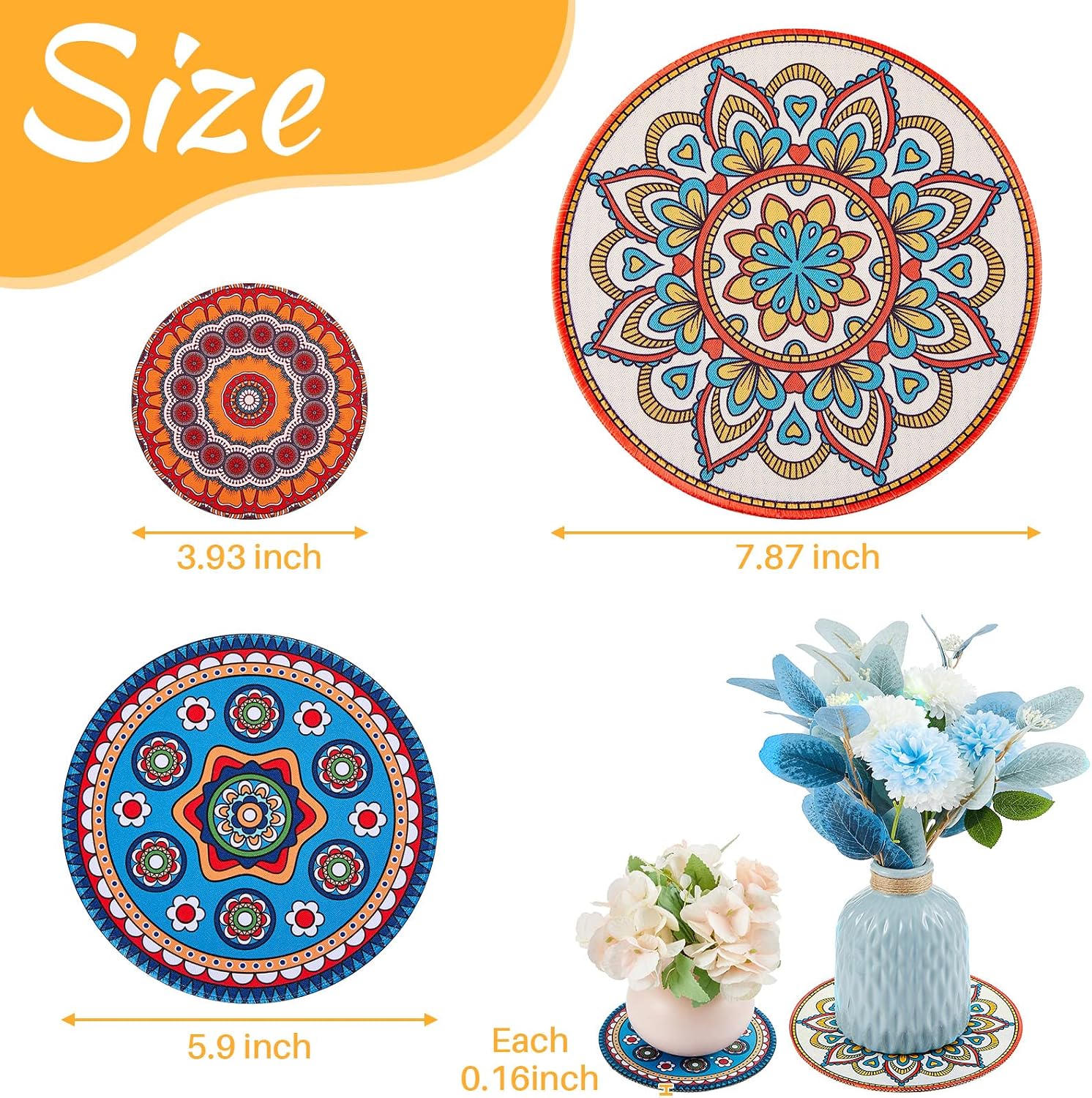 Nuanchu 6 Pcs Boho Plant Coasters 3 Size 3.94" 5.9" 7.87" Rubber Absorbent Non Slip Pot Mats Indoor Round Plant Decorative Pads Gardening Outdoor Patio Mandala Flower Protect Mat for Table Desk Floor