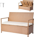 VEVOR Outdoor Storage Bench, 2-Person PE Rattan Storage Bench, 70 Gal Deck Box with Cushion, Supports up to 265 lbs, Weatherproof Outdoor Seating & Porch Decor for Patio Garden Balcony Yard