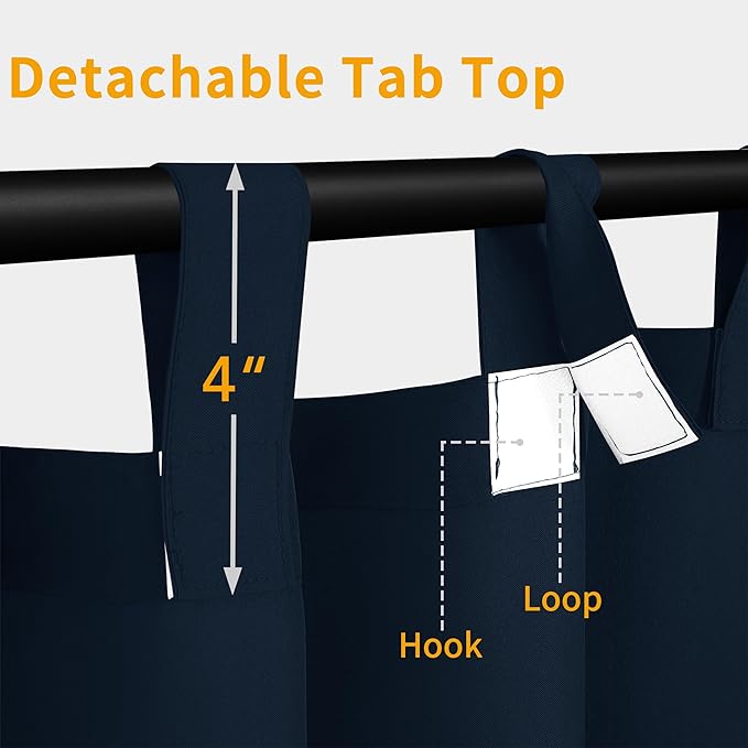 Easy-Going Outdoor Patio Curtains Detachable Tab Top Windproof Weatherproof Curtain for Cabana, Porch, Pergola and Gazebo, Tab Bottom Drape, 2 Panels, 54W x 120L inch, Navy