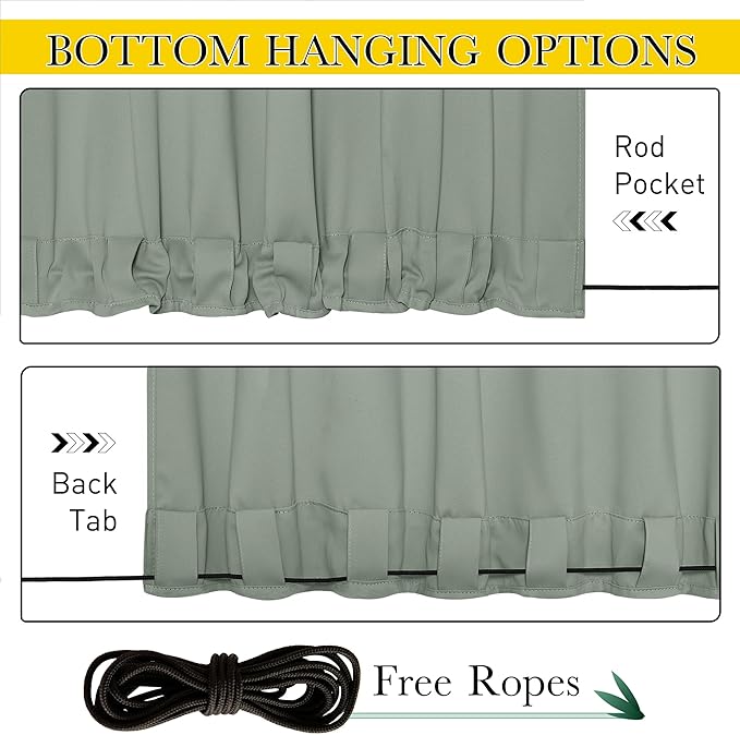 NICETOWN 2 Panels Outdoor Curtains Waterproof Pocket & Back Tab on Top & Bottom, Thermal Insulated Windproof Sun Blocking Outside Privacy Drapes for Patio with Fixed Rope, W84 x L84, Sage Green