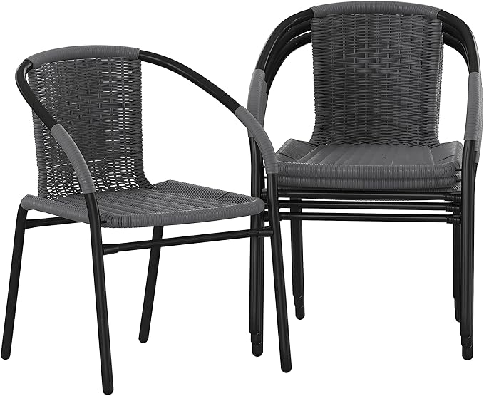 EMMA + OLIVER Set of 4 Modern Rattan Indoor/Outdoor Stack Chairs, Stacking Rattan Patio Chairs with Curved Back and Cross Bracing, Gray