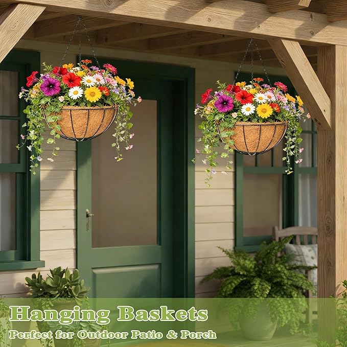 4 Pack 8 Inch Hanging Baskets for Plants Outdoor Metal Hanging Planter Hanging Flower Baskets with Coco Fiber Liners Chain Round Wire Plant Holder Hanging Flower Pots(Watermelon)