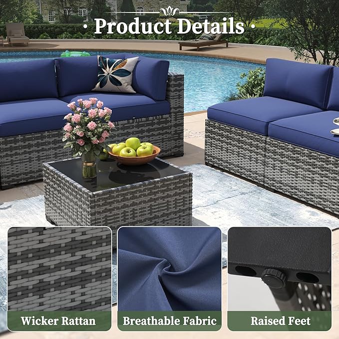 Aoxun 11 Piece Patio Furniture Set Wicker Rattan Patio Conversation Set Outdoor Sectional Sofa Set with Coffee Table and Thickened Cushions, Gray/Blue(Waterproof Cover Included)